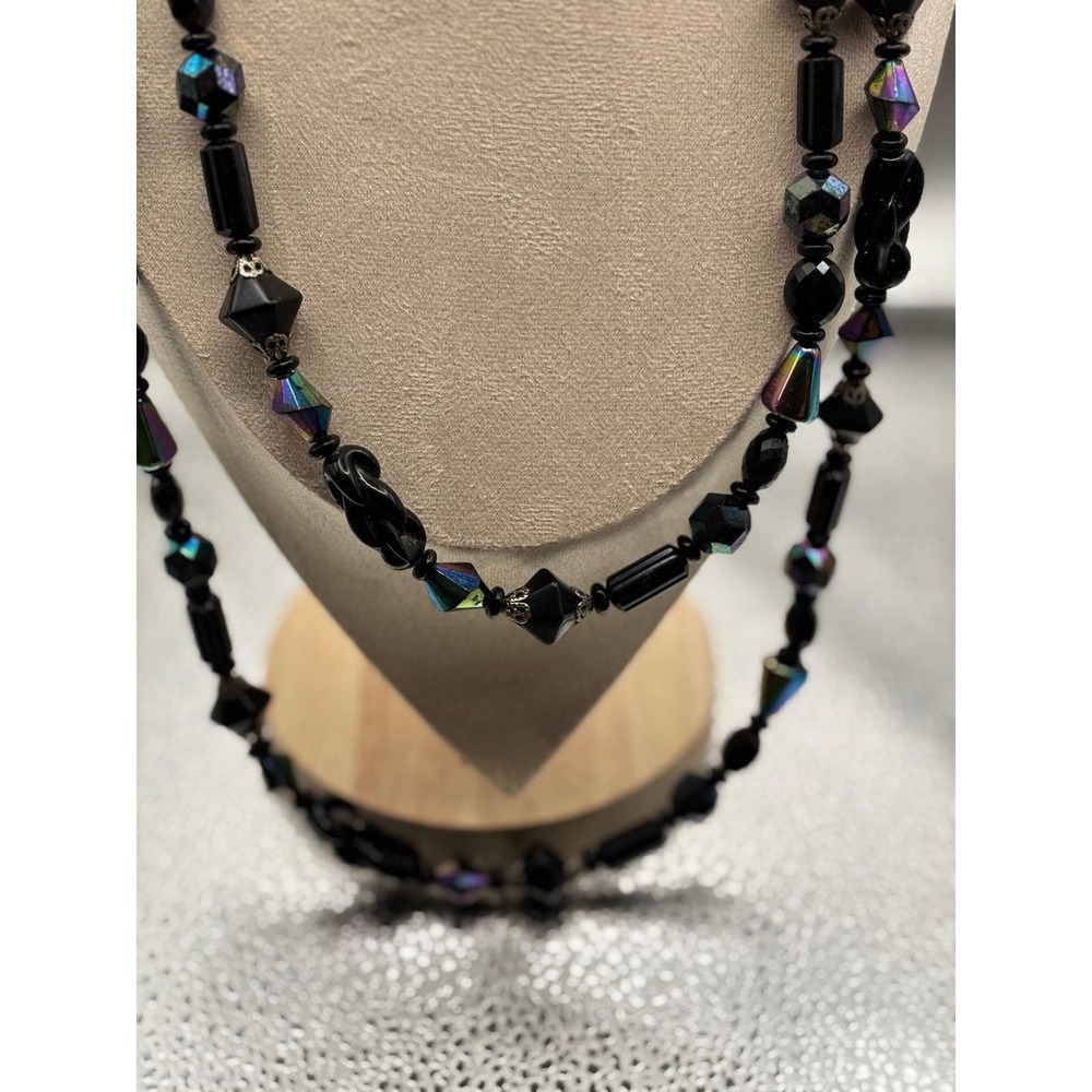 VTG Judy-Lee Signed Black Glass AB Necklace Faceted Crystal Beads Collector - Picture 3 of 12